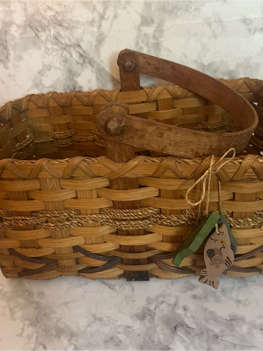 Vintage Brown Woven Basket with Wooden Handle and Fish Charm